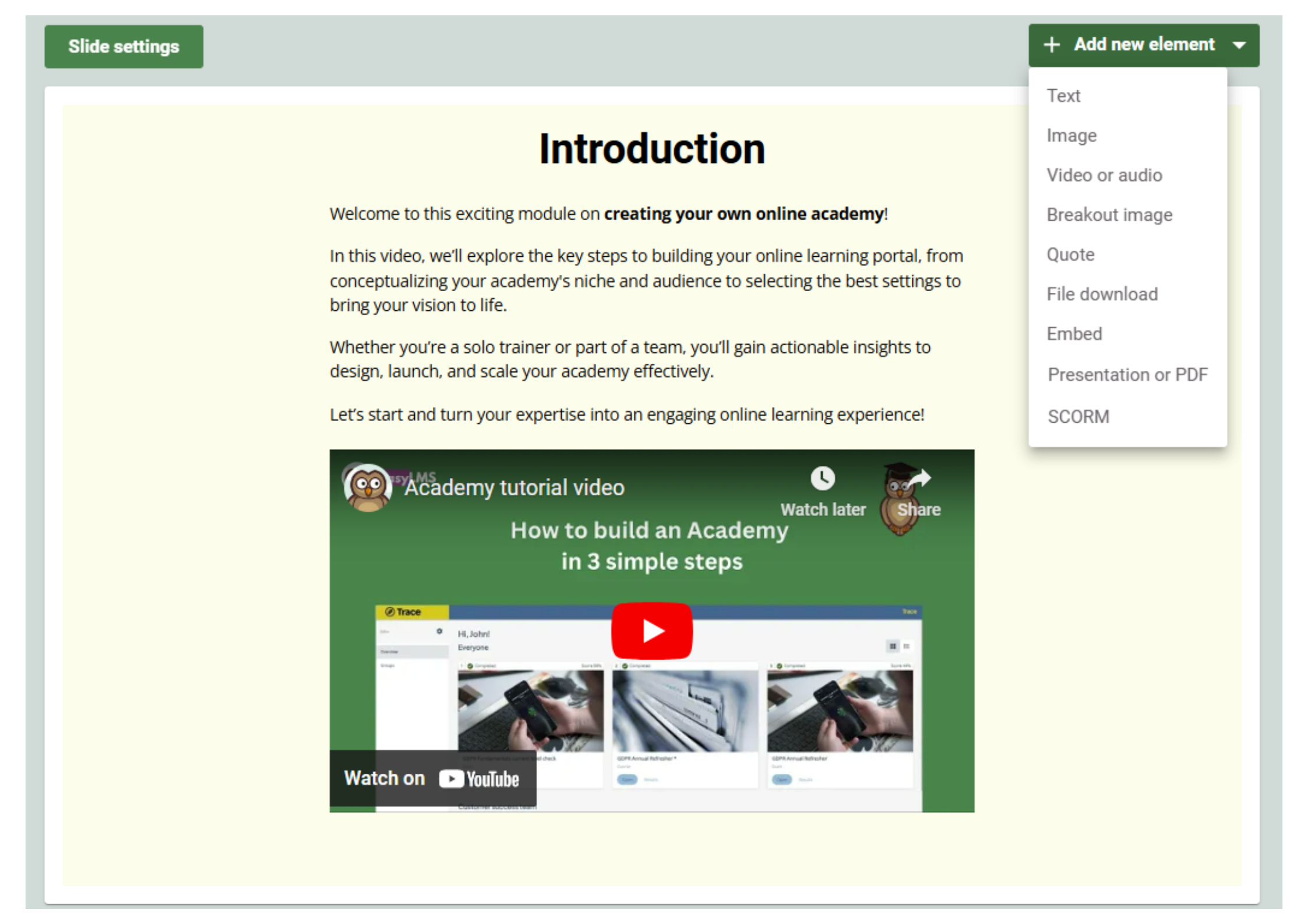Screenshot showing course slide builder